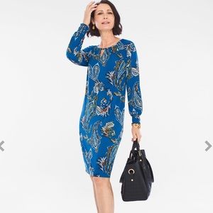 Chicos Dress Women's 1 Medium Blue Opulent Paisley Key Hole Boho